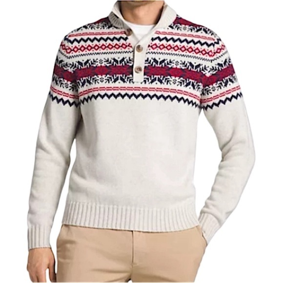 Izod Sweater FairIsle pattern Heathered cream with red and black Holiday - Picture 4 of 13